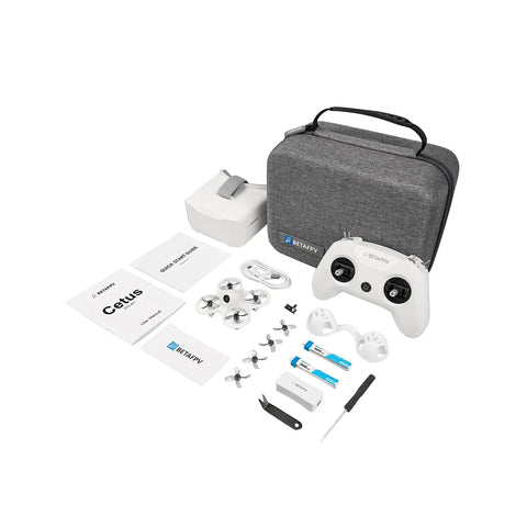 Cetus FPV Kit RTF Brushed Racing Drone Bundle with LiteRadio 2 SE Transmitter, VR02 Goggles, and carry bag displayed.