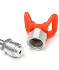 Universal Airless Paint Sprayer Extension Pole featuring slick aluminum build and tight seal quick change handle attachment close-up.
