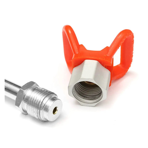 Universal Airless Paint Sprayer Extension Pole featuring slick aluminum build and tight seal quick change handle attachment close-up.