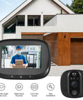 Smart Video Doorbell Camera With 4.3 Inch Display showing live feed, WiFi Door Peephole Monitor in front of modern house.