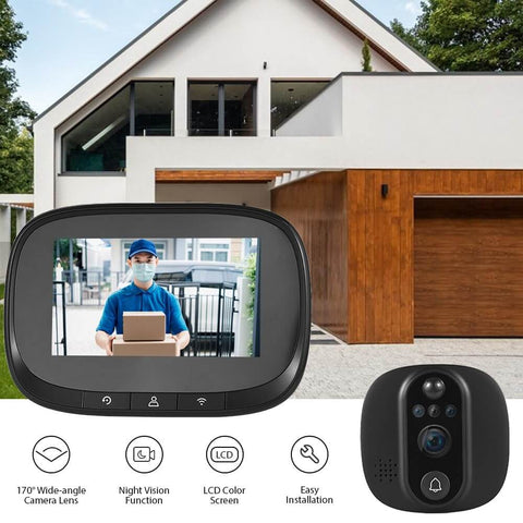 Smart Video Doorbell Camera With 4.3 Inch Display showing live feed, WiFi Door Peephole Monitor in front of modern house.