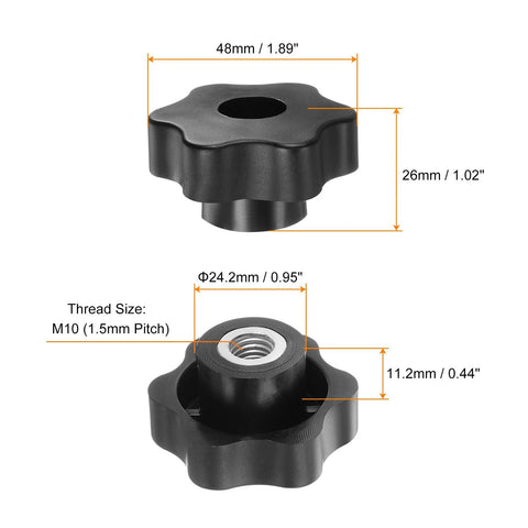 HARFINGTON black plastic star knob set, 4 pcs, 48mm head, M10 through-hole thread