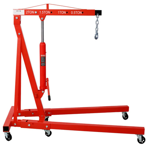 2 Ton Folding Engine Hoist With Heavy Duty Steel Frame And Rollin Smooth Casters Adjustable Boom For Quick Engine Swaps Powder Coated Red Built Tough Shop Tool, side view