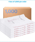 White Thank You Bags Case Of 1000, 11.5 By 6 By 21 Inches, 0.48 Mil HDPE Plastic stacked next to box with 1,000 per order label