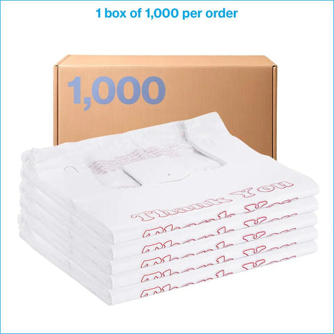 White Thank You Bags Case Of 1000, 11.5 By 6 By 21 Inches, 0.48 Mil HDPE Plastic stacked next to box with 1,000 per order label