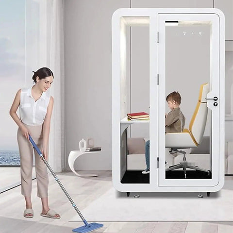 Mobile Soundproof Office Booth With Smooth Roll Wheels And Chill Quiet Nook For Two To Four Folks featuring a child inside.