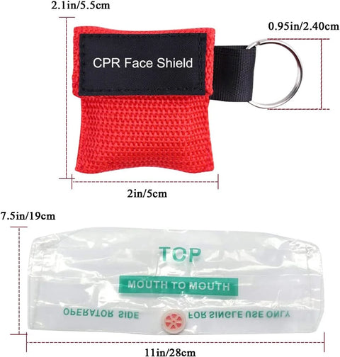 Set of 50 colorful CPR face shields with one-way valve, attached to a key ring with red carrying pouch.