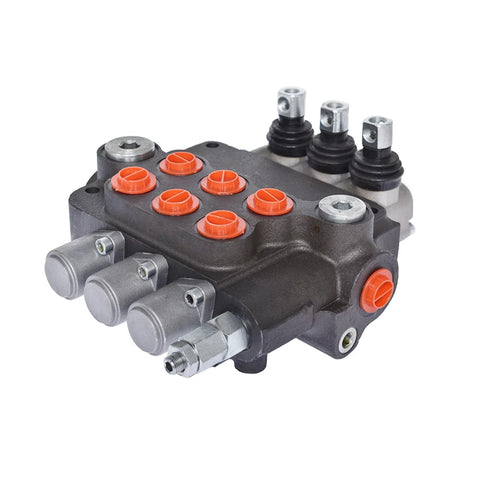 Waltyotur 3-spool hydraulic directional control valve, front view with orange port caps and SAE ports