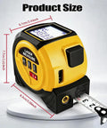Built Tough 3 In 1 Laser Tape Measure And Rangefinder With Cross Line Level and Heavy Duty Magnetic Hook showing product size in yellow.