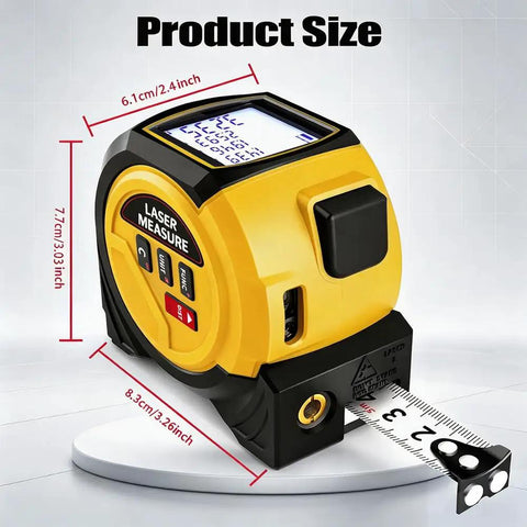 3-in-1 Laser Tape Measure 40M/131FT Rangefinder with 16Ft Tape&Cross Line,Laser Distance Meter for Area/Volume/Pythagorean-Battery Powered-131FT Yellow showing product dimensions.