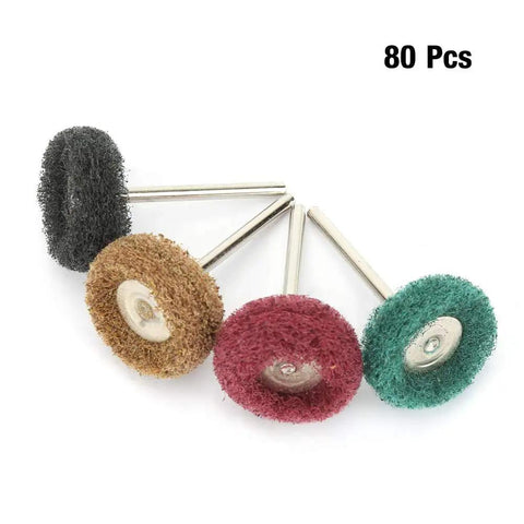 80 Pcs Premium Abrasive Wheel Brush Polishing Buffing Kit with four color wheel brushes for metal and wood grinding.