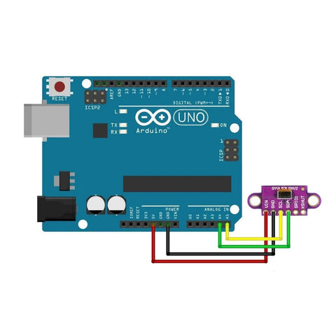 VL53L0X Time Of Flight ToF Laser Ranging Sensor Breakout Module connected to Arduino for robotics and prototyping.