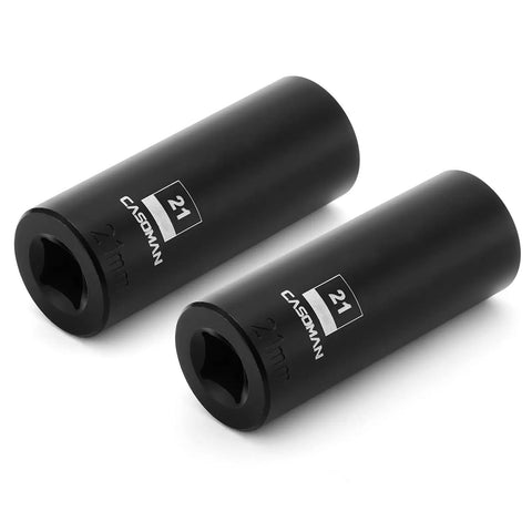 Two Pack Half Inch Drive 21mm Deep Impact Socket Set 6 Point Metric CR MO Steel Drop Forged And Heat Treated Black Oxide Finish