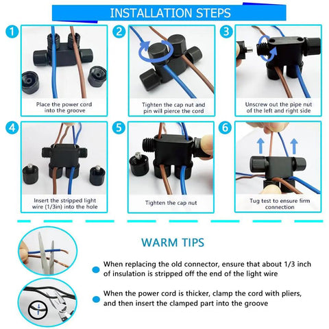 Installation steps for 8 Pack Low Voltage Landscape Wire Connectors For 12 To 20 Gauge Cable with waterproof durable nylon fiberglass
