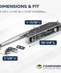 R35-1105 Latch With Strike Mechanical Straight Handle, Heavy Duty Door Latch System With Interchangeable Mounting Holes, Serrated Striker Plate For Quick Sag Adjustment, Unique Keeper Prevents Override, Polished Brass Or Chrome Finish, Built Tough, 10-1/4 in x 1-1/4 in x 1-11/16 in overall dimensions