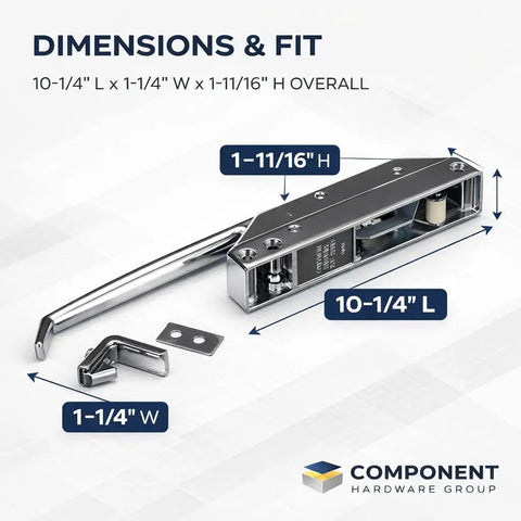 R35-1105 Latch With Strike Mechanical Straight Handle, Heavy Duty Door Latch System With Interchangeable Mounting Holes, Serrated Striker Plate For Quick Sag Adjustment, Unique Keeper Prevents Override, Polished Brass Or Chrome Finish, Built Tough, 10-1/4 in x 1-1/4 in x 1-11/16 in overall dimensions