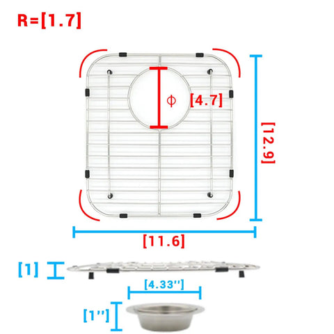 Stainless Steel Sink Grid Protector For Kitchen Sink 11 3/4 By 13 7/8 Inches Center Drain 304 Food Grade Stainless with dimensions.