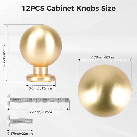 12 Pack Gold Round Cabinet Knobs Set With Zinc Alloy Drawer Pulls for kitchen, size details, vintage brushed finish