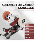 Compact Mini Electric Belt Sander For Desktop DIY Projects showcasing various sanding belts including 120#, 320#, 600#, 800#, and 1000#.