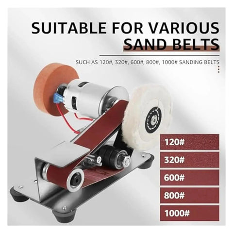 Compact Mini Electric Belt Sander For Desktop DIY Projects showcasing various sanding belts including 120#, 320#, 600#, 800#, and 1000#.