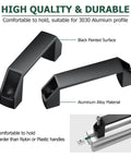 4 Pack 3030 Aluminum Handle Set With 120mm Hole Distance And Rectangular Industrial Pull Handles For 30 Series European Standard Aluminum Extrusion Profiles Black Finish includes installation illustration and material description.
