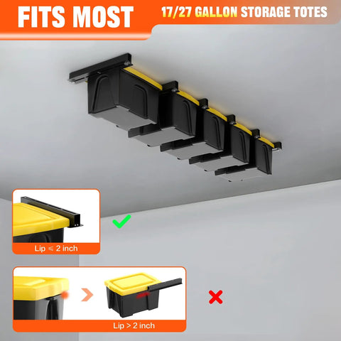 Garage Ceiling Storage Rack 16 Inch Overhead Tote System With Heavy Duty Adjustable Rails For Five Bins Not Included installed.