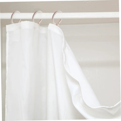 Plastic Roman Curtain Rings 48 Pack With Smooth Glide Hanging Hooks shown on curtain rod with white drapes