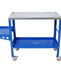 Rock Solid Heavy Duty Welding Workbench Table 36 By 18 Inch Carbon Steel Shop Beast With 1200 Pound Capacity Blue Coating showcasing smooth rolling lockable casters.