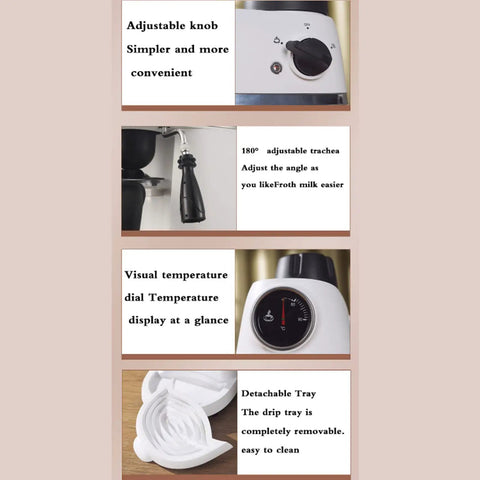 Close-up of adjustable knob and temperature dial on Slick Compact Semi Automatic Espresso Machine With Integrated Milk Frother And Steam Wand.