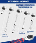 34 Piece One Fourth Inch Drive Mini Socket Ratchet Set With Bits Magnetic Driver Dual Socket and Bit Head Ratchet Metric Sockets 4mm to 12mm Extension Bars Universal Joint And Convenient Storage Case showing extensions and universal joint.