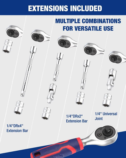34 Piece One Fourth Inch Drive Mini Socket Ratchet Set With Bits Magnetic Driver Dual Socket and Bit Head Ratchet Metric Sockets 4mm to 12mm Extension Bars Universal Joint And Convenient Storage Case showing extensions and universal joint.