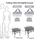Folding Camping Table For 1 To 2 People Lightweight And Collapsible With Carry Bag, showing medium and large sizes, weight, and carry case