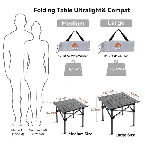 Folding Camping Table For 1 To 2 People Lightweight And Collapsible With Carry Bag, showing medium and large sizes, weight, and carry case