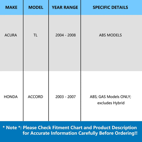 Chart detailing Rear Wheel Bearing Hub Assembly Pair With ABS compatibility for Acura TL 2004-2008 and Honda Accord 2003-2007.