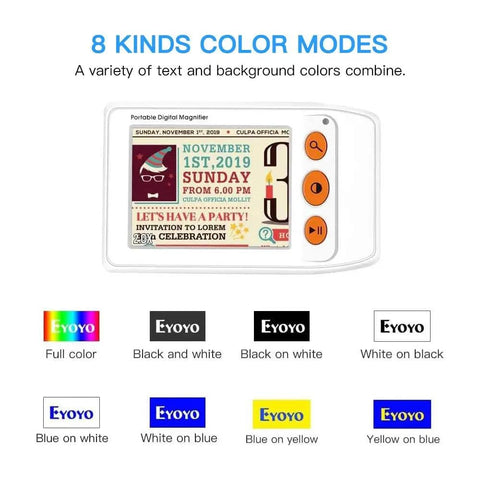 Display of Grab And Go Portable Digital Magnifier With 3.5 Inch LCD Screen And Foldable Handle showing 8 color modes