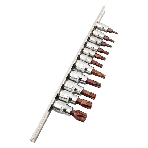 Top Tier 11 Piece Torx Bit Socket Set With T10 To T60 Chrome Vanadium Steel Driver Bits For Tough Automotive Repairs And Heavy Mechanical Maintenance Work Using Both Inch Drive Sizes, angled view on rail