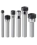 Heavy Duty ER Collet Extension Shank For C8 C10 C16 Milling Machines showing various sizes and designs in polished steel and black clasp.
