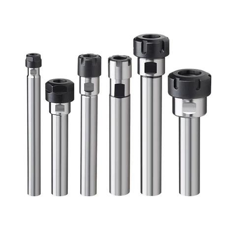 Heavy Duty ER Collet Extension Shank For C8 C10 C16 Milling Machines showing various sizes and designs in polished steel and black clasp.