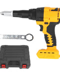 Heavy Duty Cordless Electric Rivet Gun With Brushless Motor And Integrated Led Light For 3.2 To 4.8 mm Fasteners with tools and case.
