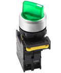 Green LED Indicator Rotary Switch 110V-220V 22mm IP65 Waterproof Latching 1 Normally Open 2-Position Panel Mount, front view