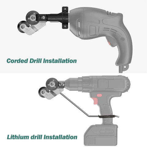 Pro Grade Drill Plate Cutter Attachment for Metal Sheets installed on corded and lithium drills
