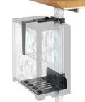 Under Desk Computer Mount For Standing Desks Clamp On PC Holder securing a tower, showcasing adjustable depth for various sizes.
