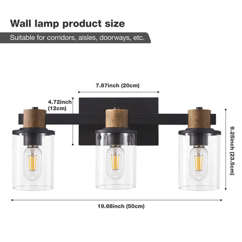 Product dimensions of Cozy Farmhouse Vanity Light Fixture 3 Light Wall Sconce Over Mirror with E26 Base and Distressed Faux Wood Finish