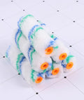 24 Piece Paint Roller Covers Premium Polyester Sleeves stacked, designed for slick wall and trim work, featuring vibrant blue and green streaks.