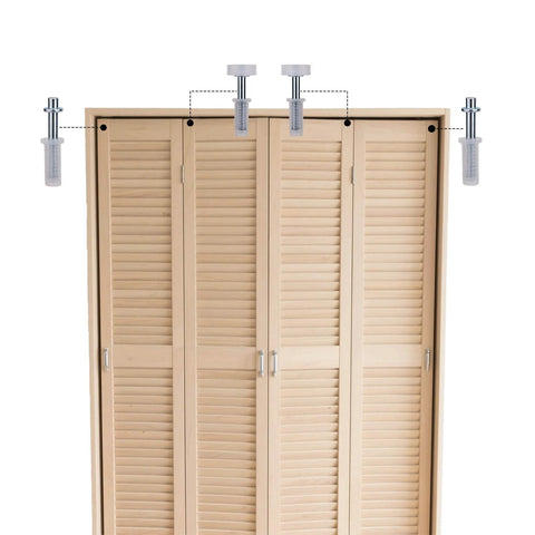 Six Piece Bi-Fold Door Top Roller Guide Wheels And Top Pivot Kit With Spring Loaded installed on wooden closet doors.