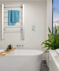 Towel Warmer for Bathroom with Timer and Wall Mounted Plug In Design, 6 Bar Heated Towel Rack above bathtub in modern bathroom.