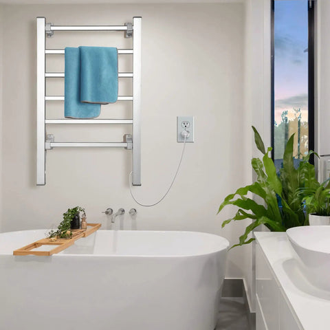 Towel Warmer for Bathroom with Timer and Wall Mounted Plug In Design, 6 Bar Heated Towel Rack above bathtub in modern bathroom.