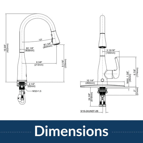 Dimensions diagram of Touchless Kitchen Faucet With Pull-Down Sprayer In Matte Black, Hands-Free Motion Sensor