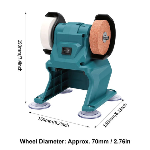 Heavy Duty 150W Bench Grinder With Lithium Battery And Full Copper Motor, 190mm height, dual wheels for sharpening and deburring.