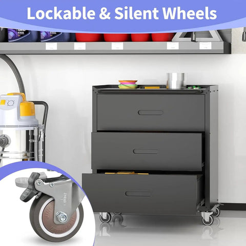 Beefy Heavy Duty Garage Storage Cabinet Set 6pc with lockable rolling tool cabinets, metal wall garage storage shown with silent wheels